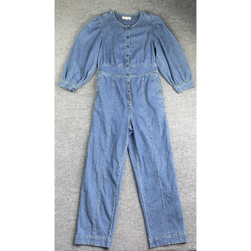 Madewell Denim Jumpsuit Women 10 Blue Puff‎ Sleeve Button Front NF129